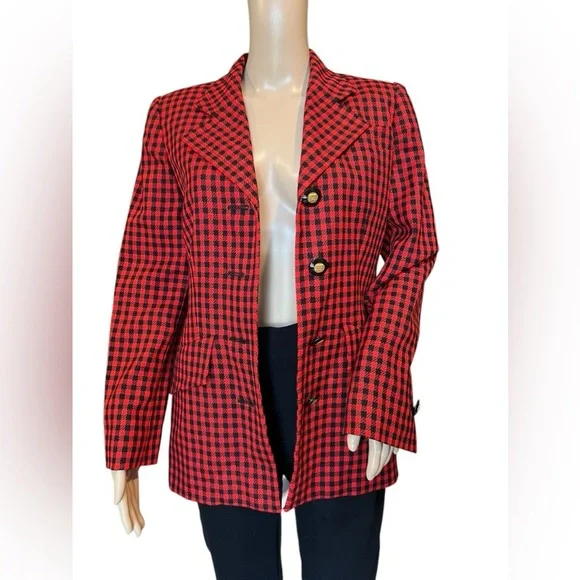 Vintage GIVENCHY Boutiques Blazer Single Breasted Red Black Houndstooth Wool 36 - Picture 3 of 15